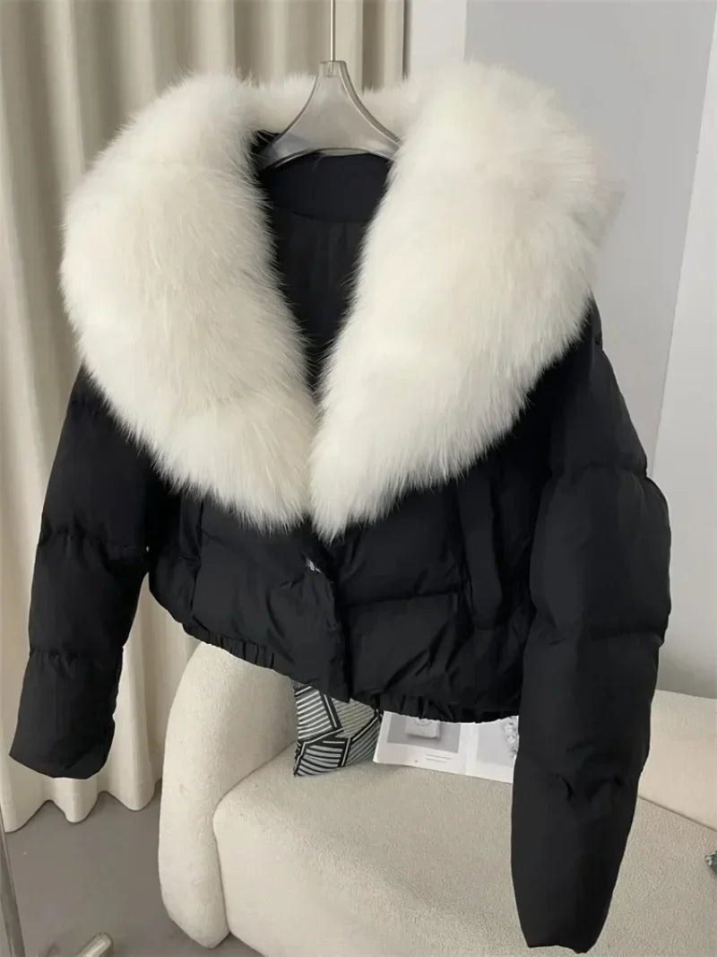 Down Jacket Women Short Puffer Jacket Thick New Big Natural Real Fox Fur Coat  Autumn Winter Female White Duck Down Coat Feather