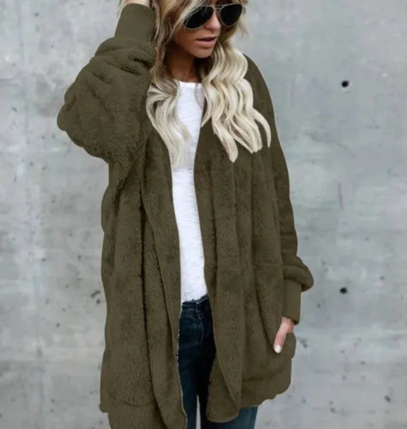 Cárdigan con capucha de felpa doble para mujer