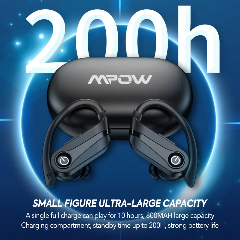 Mpow Q63 Bluetooth 5.3 Wireless Earbuds with Mic IPX7 Waterproof 200H Earphones with Hooks for Sports Running Workout Gym
