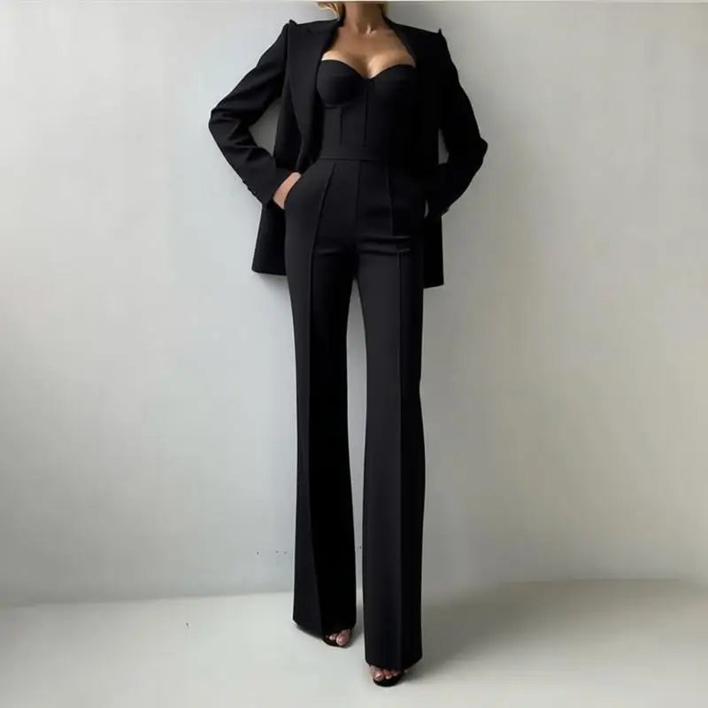 Solid Suit Jacket Corset Pants 3 Piece Set Women Corset Lapel Coat Straight Pants Lady Set 2026 Summer Autumn Commute Outfit New