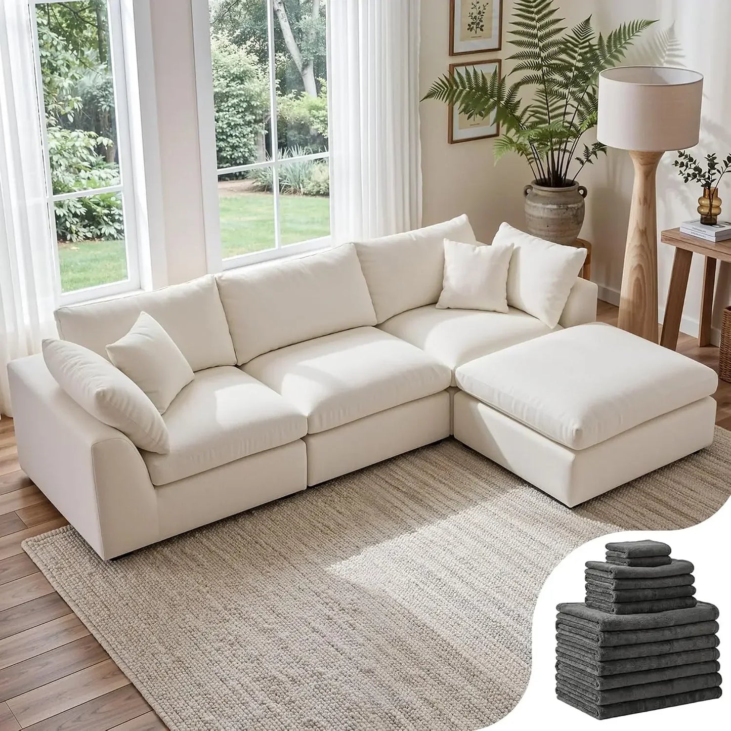 108" Cloud Sectional Couch with 2 Washable Cover Sets | L-Shaped Modular Sofa with Ottoman, Deep Seat Couch for living room