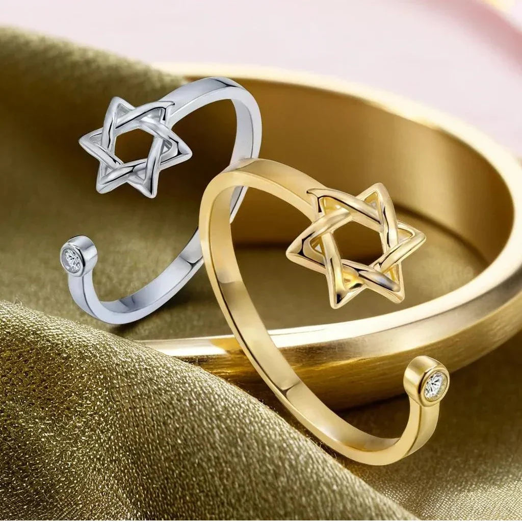 YILUOCD Hollow Hexagon Zircon Jewish Ring for Women Magen Star of David Adjustable Rings Promise Jewelry Gift
