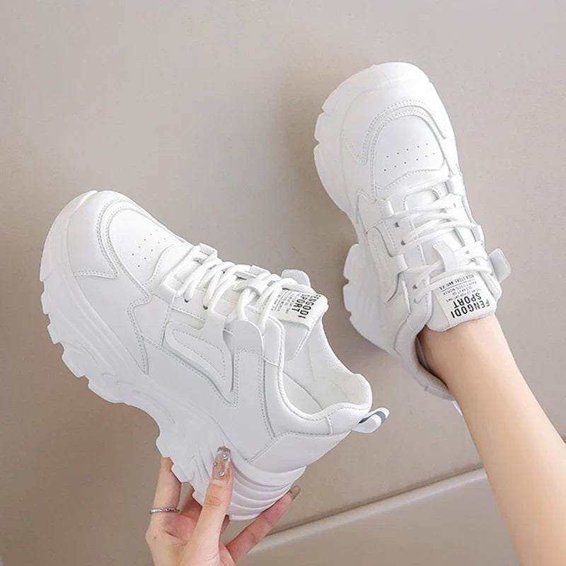 Women's White Platform Sneakers  Lace Up Thick Sole Breathable