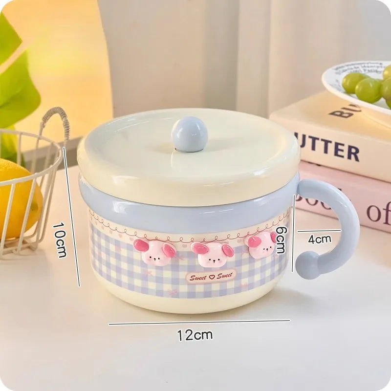 Tazón de ramen Kawaii pastel a cuadros con tapa