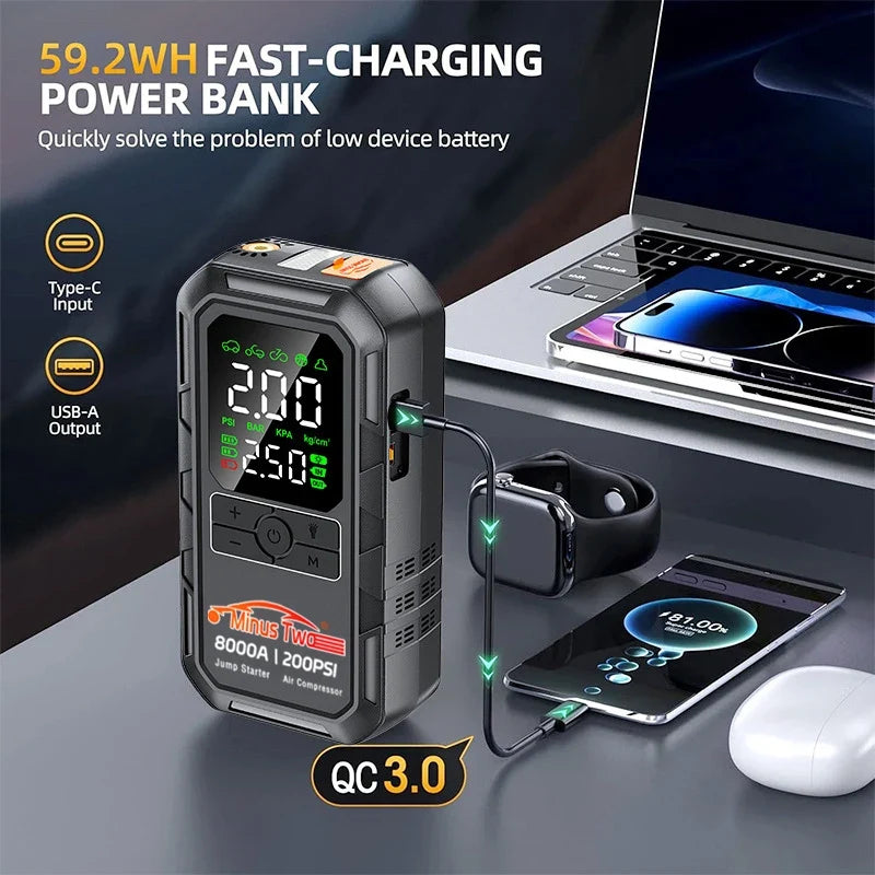 4-IN-1 Car Jump Starter with Air Compressor Peak 4000A Auto Battery Booster 200PSI Air Pump Portable Power Bank Tire Inflator