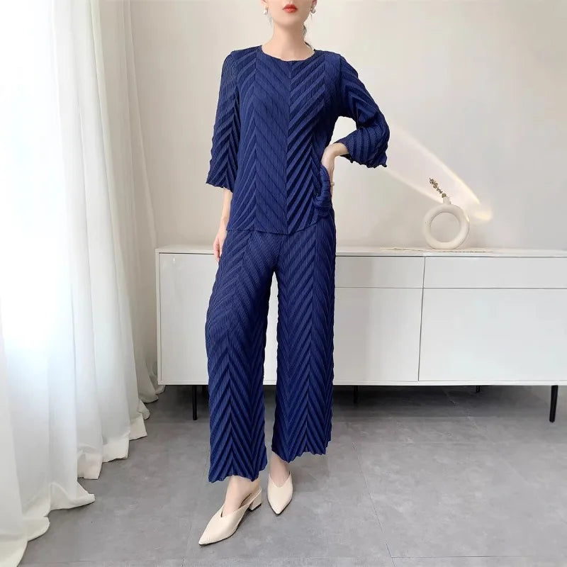 2026 Spring New Women Handmade Pleated Pants Set Comfortable Casual Seven Sleeve T-Shirt Top Loose Wide Leg Pants 2 Piece Set