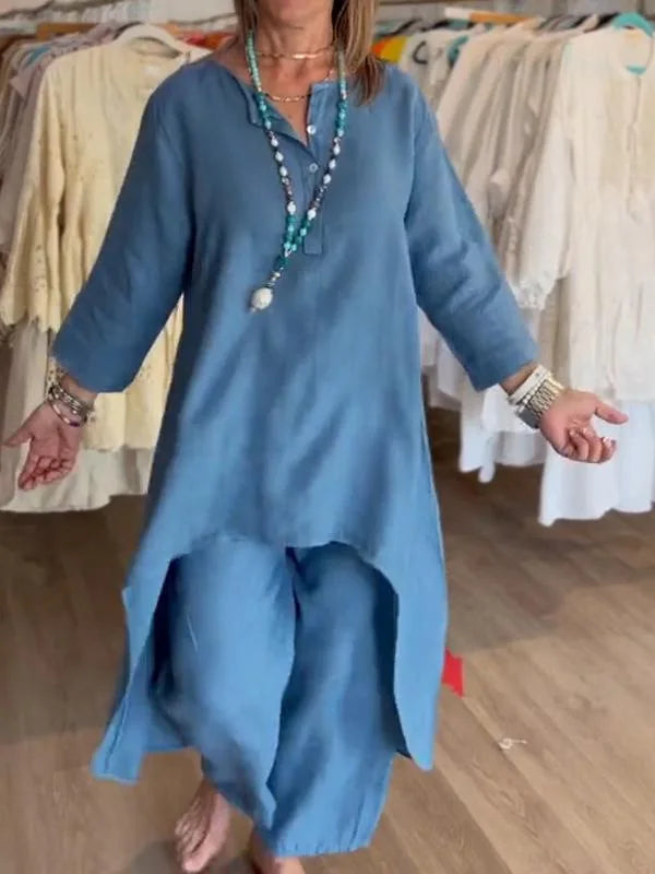 Women's 2pcs Clothing Set Fashion Summer New Suit Casual Long Shirt Blouse Top & Wide Leg Pants Solid Color 2 Piece Sets Outfits