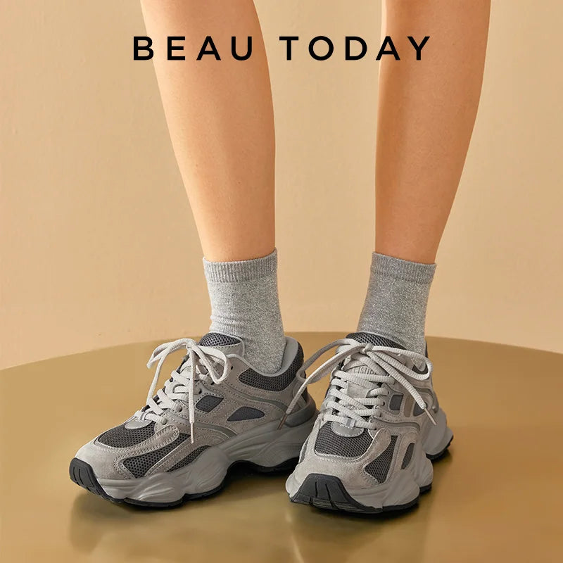 BEAUTODAY Chunky Sneakers Women Mesh Mixed Round Toe Lace-up Thick Sole New Breathable Ladies Sports Shoes Handmade HW29A14
