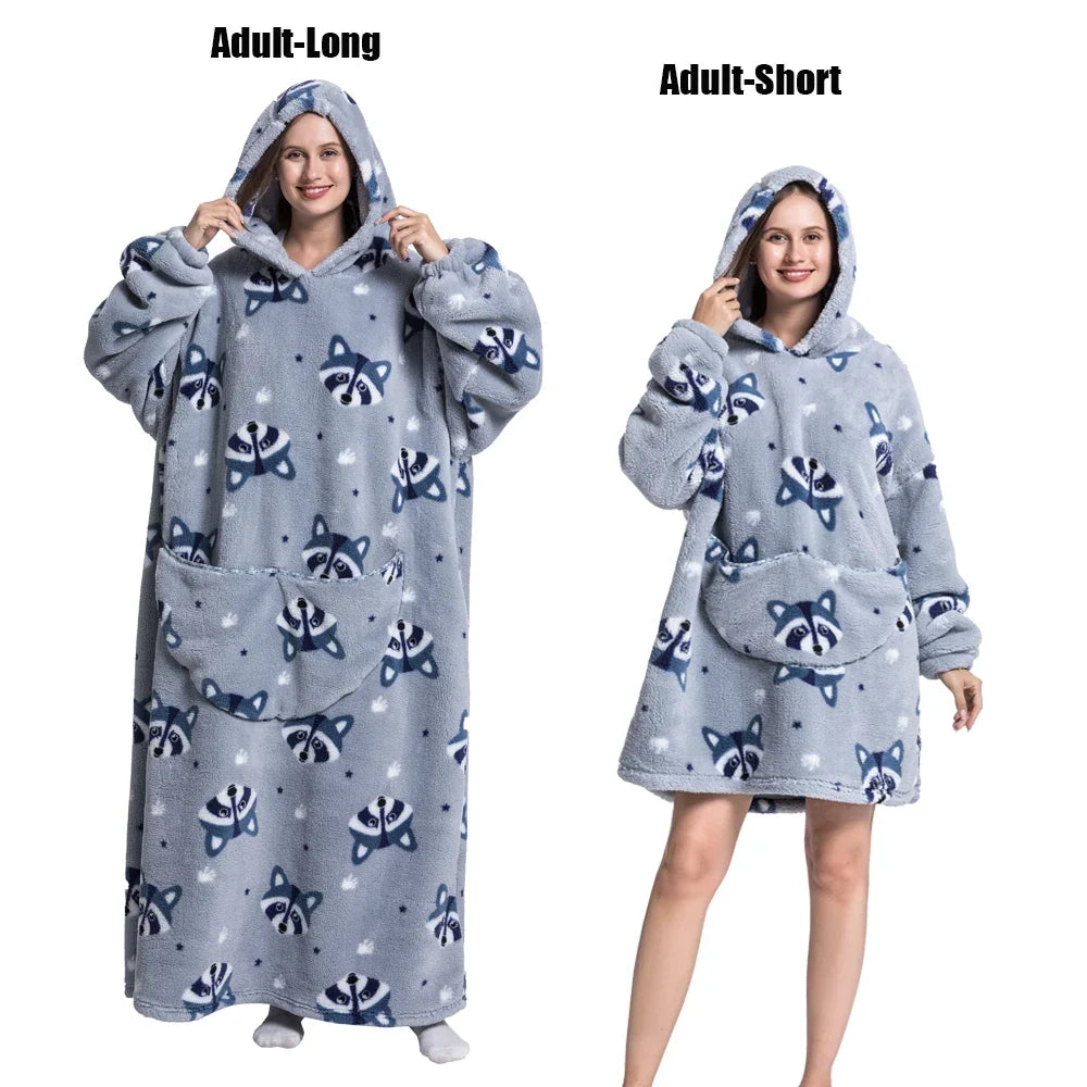 Women Plush Fleece Blanket Men Warm Thick Hoodies Adult Giant TV Blanlets with Sleeves Super Long Cold-proof Homewear Pajamas