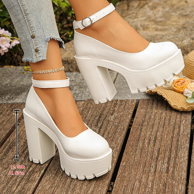Black Super High Heels Mary Jane Shoes Women Plus Size 42 Chunky Platform Pumps Woman Ankle Buckle Party Wedding High Heel Shoes