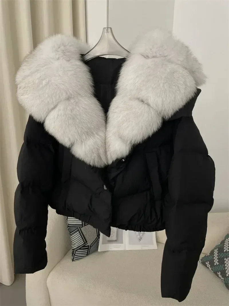 Down Jacket Women Short Puffer Jacket Thick New Big Natural Real Fox Fur Coat  Autumn Winter Female White Duck Down Coat Feather
