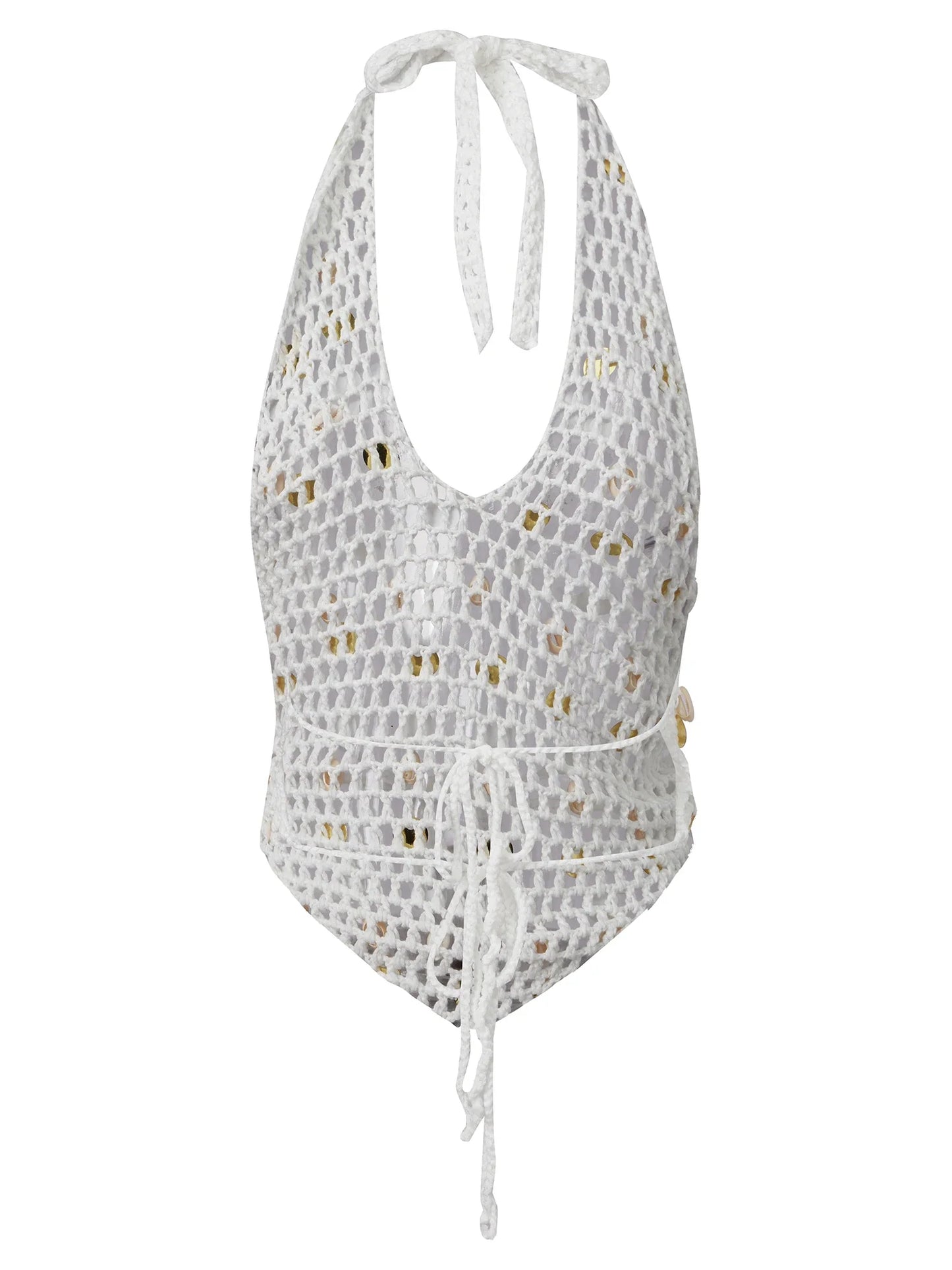 Women Halter Neck Sleeveless Crochet Hollow Out Sequin Seashell Decor Crop Vest Summer Tank Tops for Vacation Beach