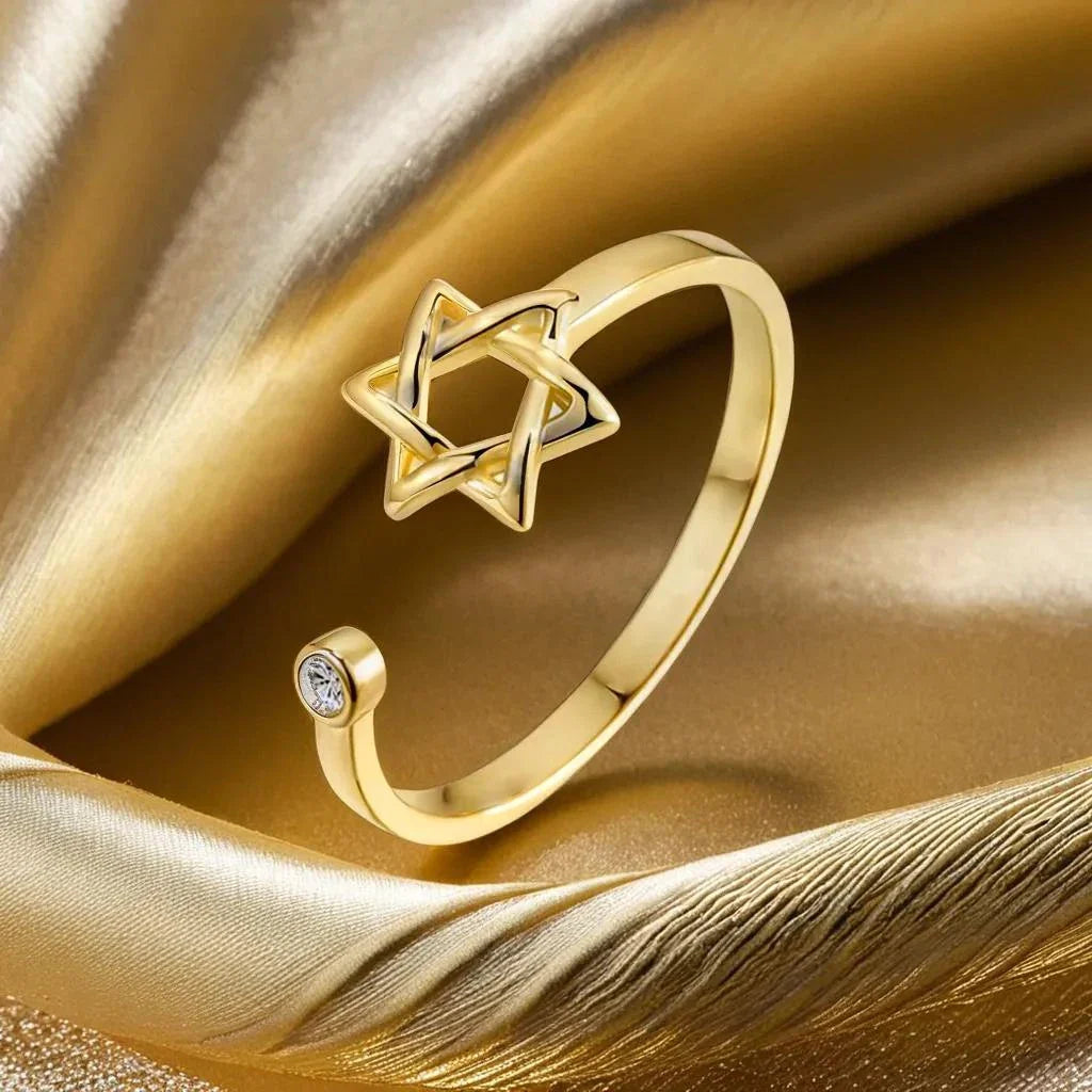 YILUOCD Hollow Hexagon Zircon Jewish Ring for Women Magen Star of David Adjustable Rings Promise Jewelry Gift