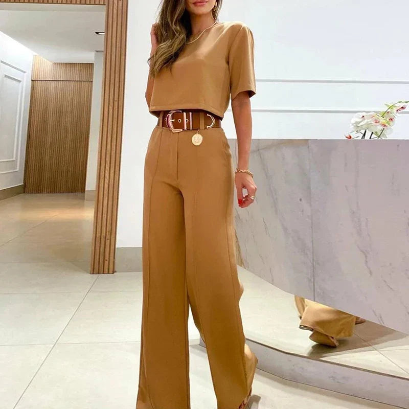 Fashion Office Lady Two Piece Sets O Neck Short Sleeve Short Shirt High Waist Straight Pants Suit Female Summer Outfits