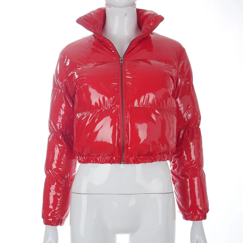 Fashion Cute Women Bright PU Pink Puffer Jacket Winter Warm Bubble Coats Shiny Leather Parkas Down Zipper Cropped Jackets Parkas