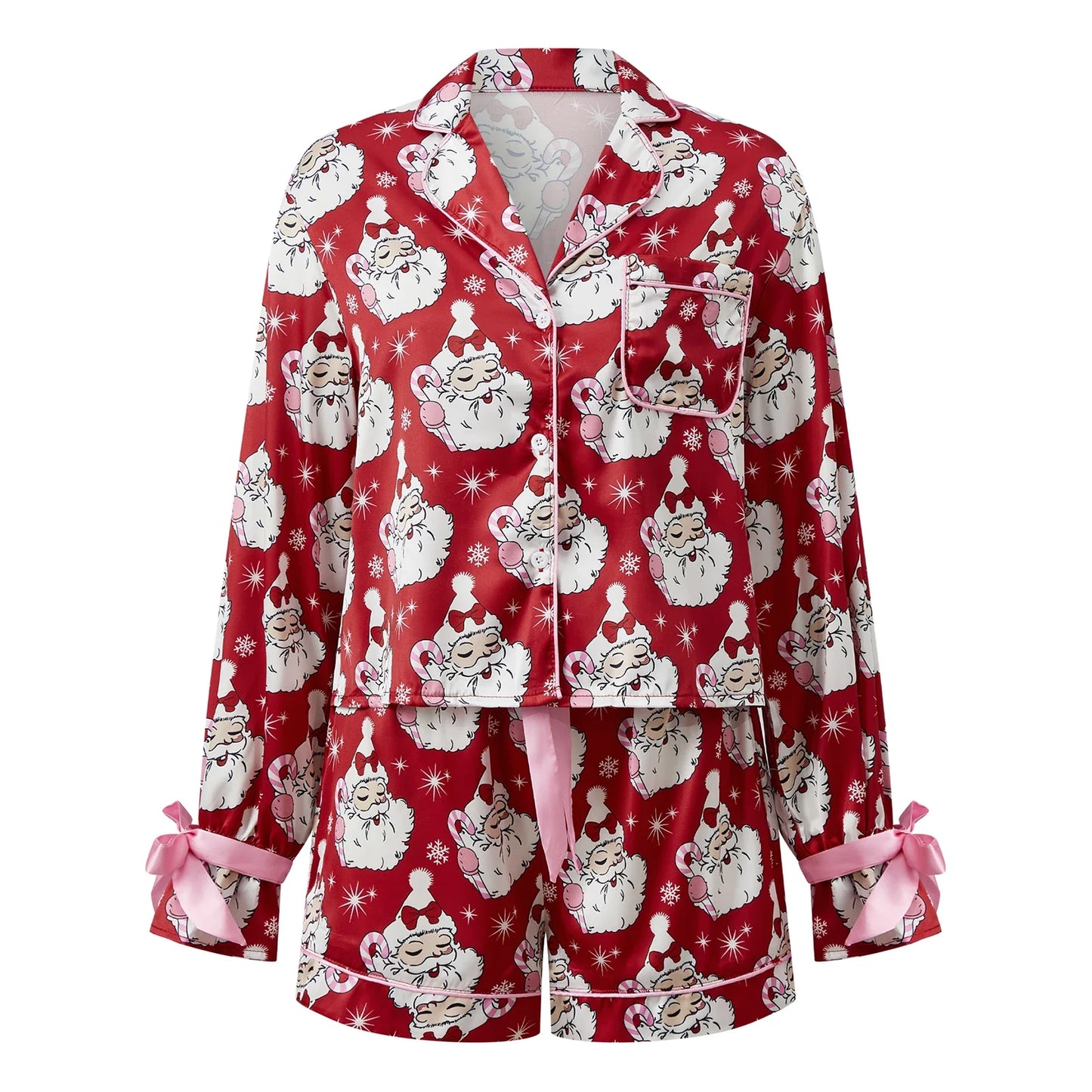 Women's Christmas 2 Pieces Pajama Sets Fashionable Santa Printed Long Sleeve Tops with Shorts Satin Soft Sleepwear