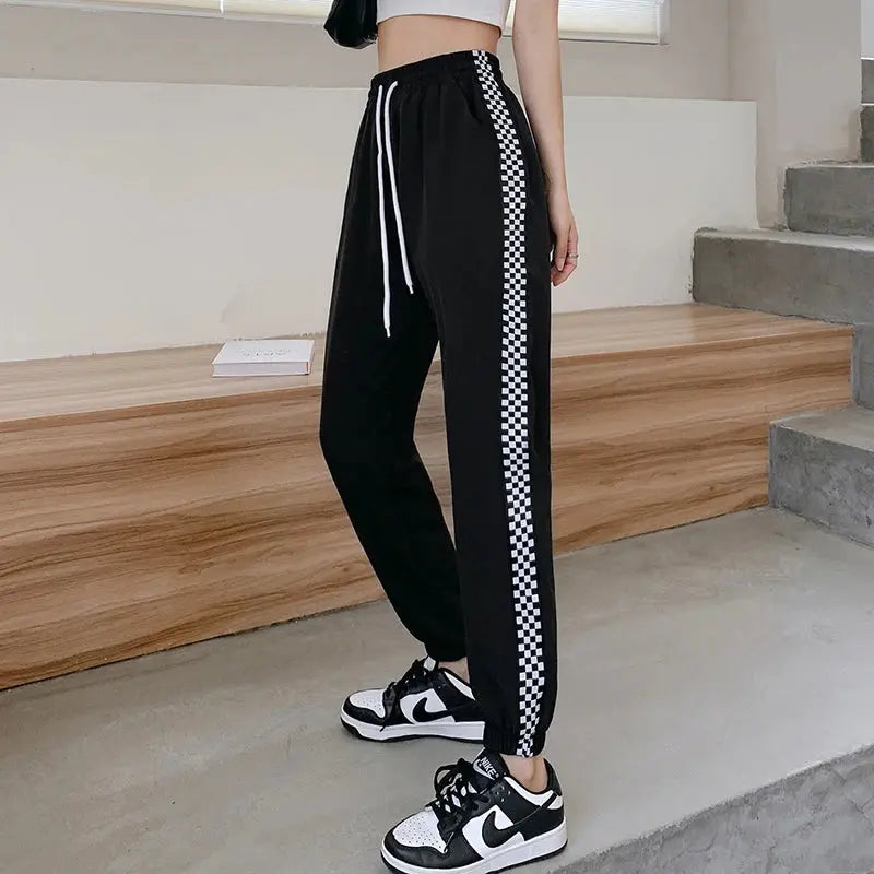 Women's Elastic High Waist Checkered Pants