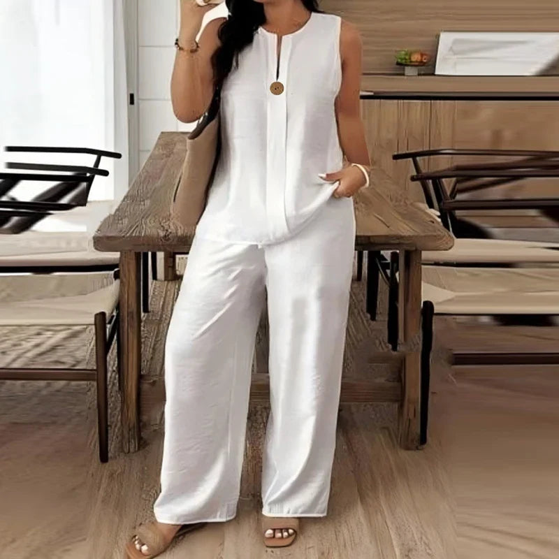 Summer O Neck Button Vest Shirt Wide Leg Pants Suit Women Casual Two Piece Set Solid Color Comfortable Holiday Outfits White