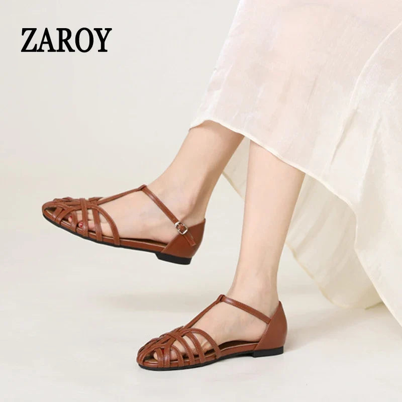 ZAROY Women's Sandals Summer Casual Footwear T-tied Cross Strap Flat Sandals Weave Hollow Roman Sandalia Zapatos сандали