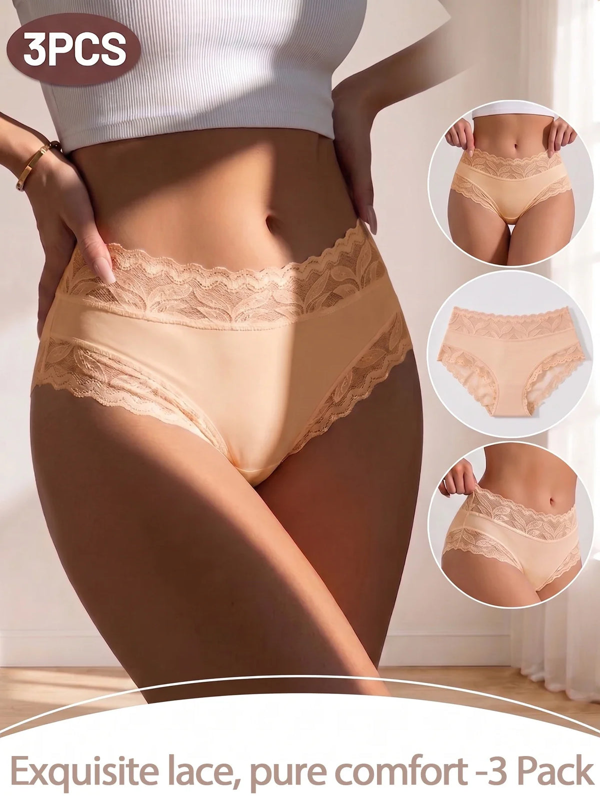 Premium 3-Piece Lace Panties Set – Breathable High-Waist Briefs for Women