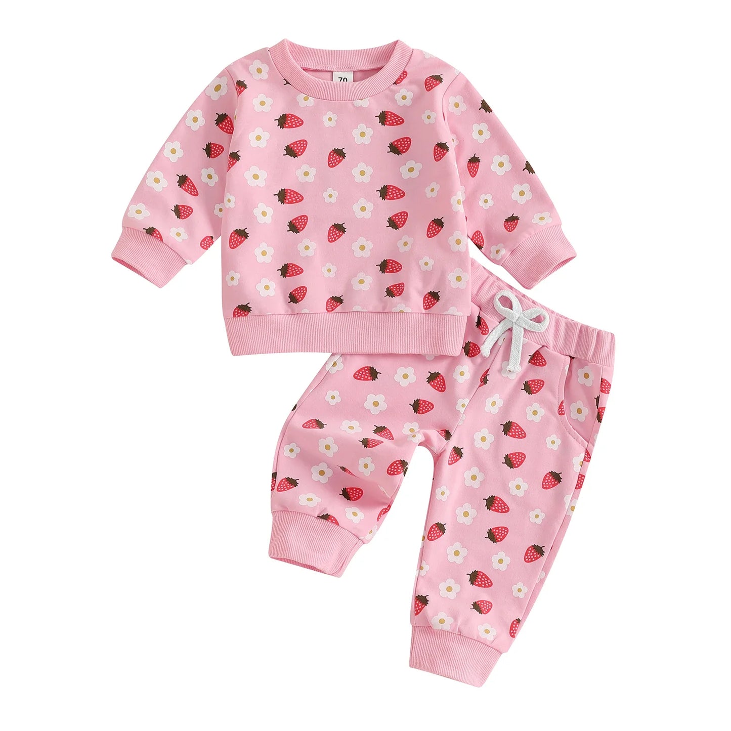 Baby Toddler Girl 2Pcs Fall Outfit Strawberry Flower Print Crew Neck Long Sleeve Top with Jogger Pants Set