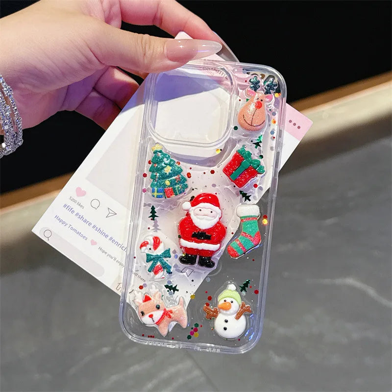 3D Cute Cartoon Christmas Drop Glue Glitter Phone Case For iPhone