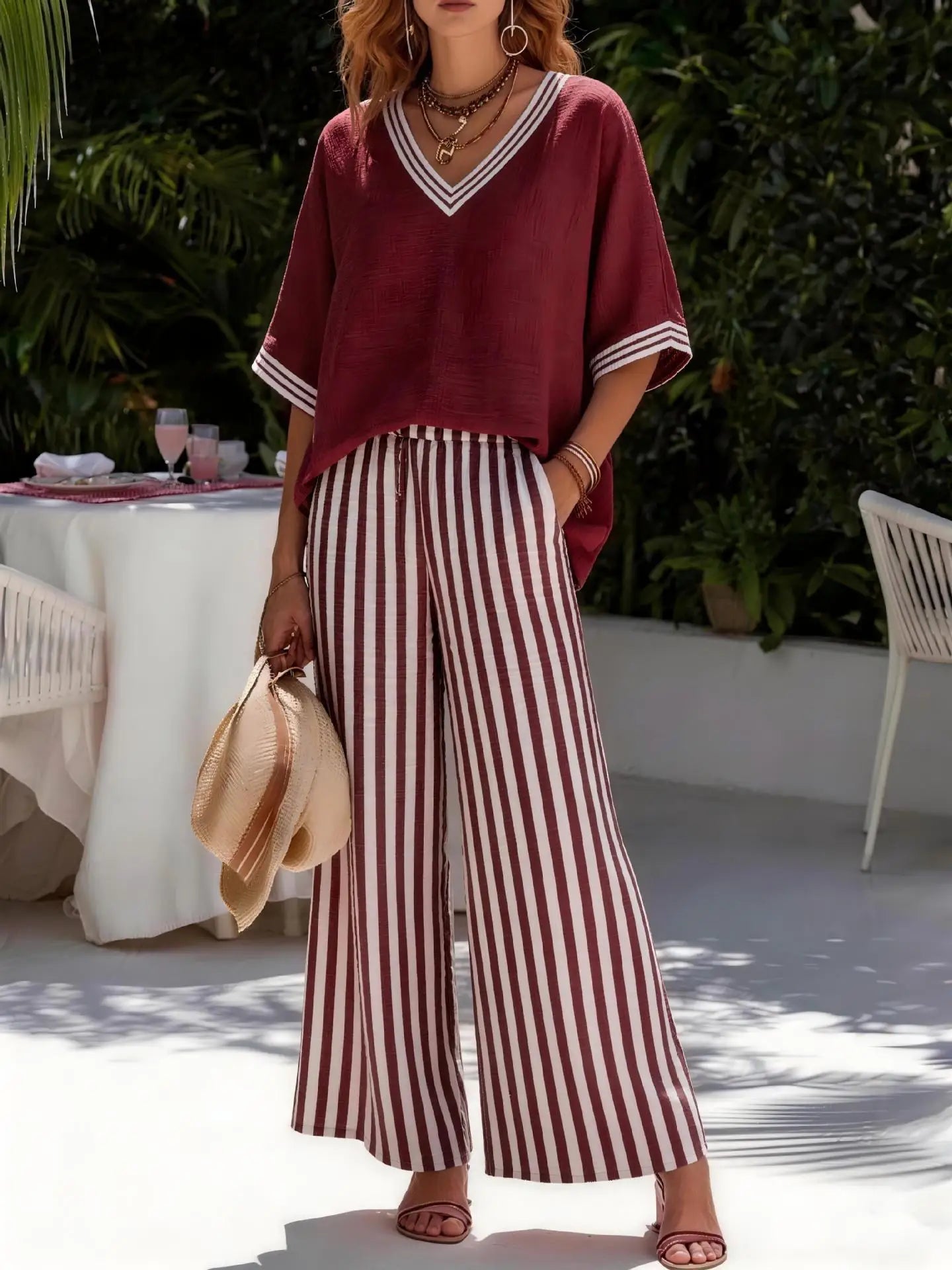 Women's Linen Two Piece Set Fashion V Neck Contrast Half Sleeve Loose Top High Waist Striped Wide Leg Pants Summer Casual Outfit