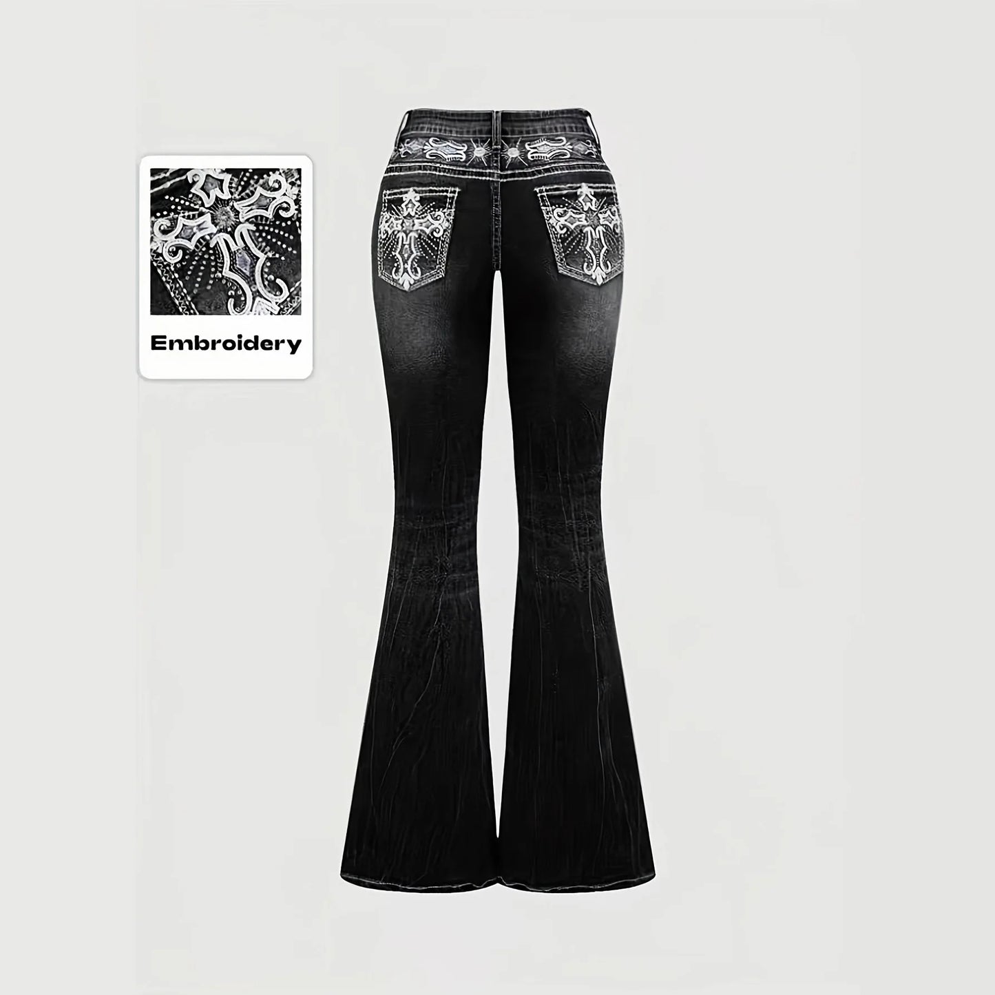 2026Trendy Y2K Style Flare Jeans for Women Dark Wash Skinny Fit with Rhinestone Embroidery Pocket Streetwear Casual Denim