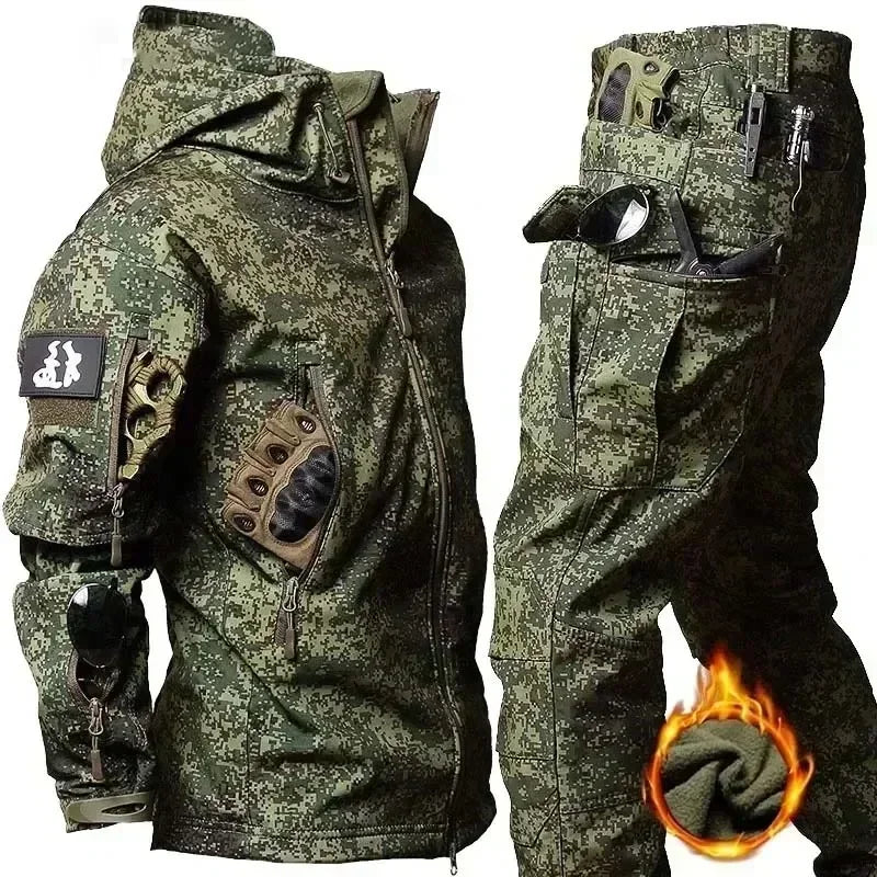 Camo Winter Tactical Sets Men Shark Skin Soft Shell Hooded Jacket+Multi-pocket Straight Cargo Pant 2Pcs Suits Waterproof Set