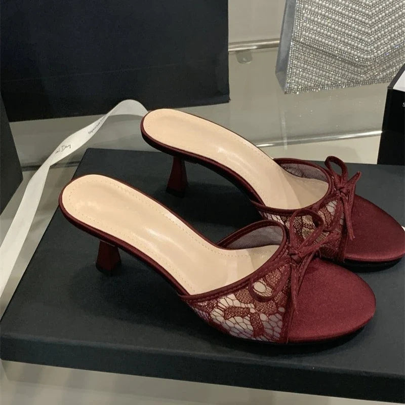 Summer Women Net Butterfly-knot Slippers Fashion Cover Pointed Toe Slip On Mules Shoes Thin High Heel Ladies Elegant Slides Pump