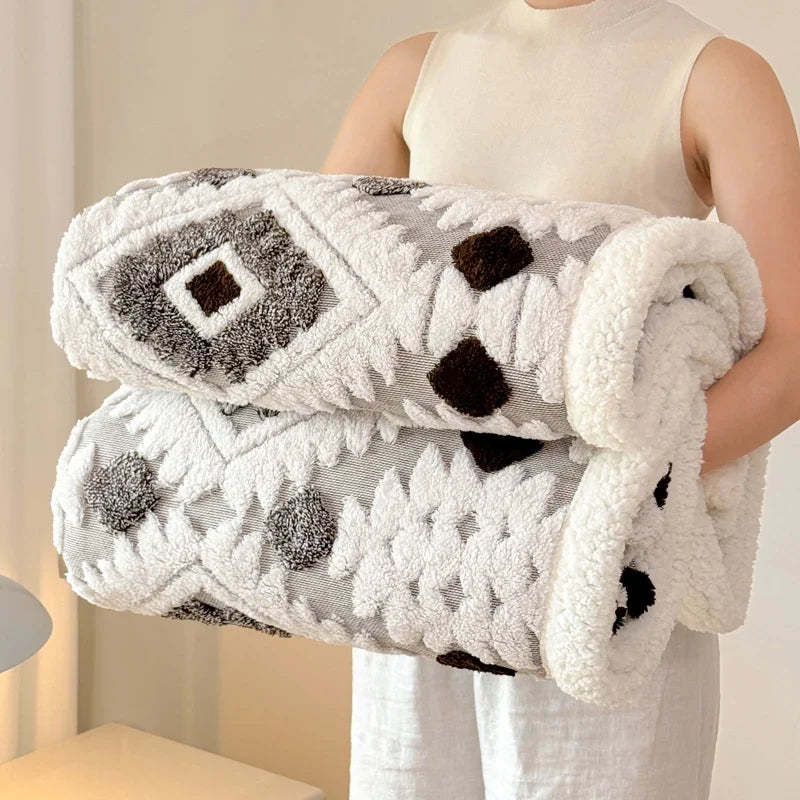 Geometric Patterned Jacquard Fleece Blanket Double Layer Thick Warm Taffeta Sofa Throw Blanket Spring Autumn Plush Bed Blanket
