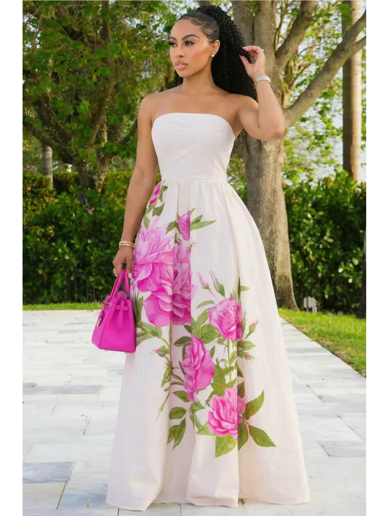 Women Tube Strapless Waist Flowy Maxi Dress With Floral Print For Wedding Guest Resort And Vacation Occasion