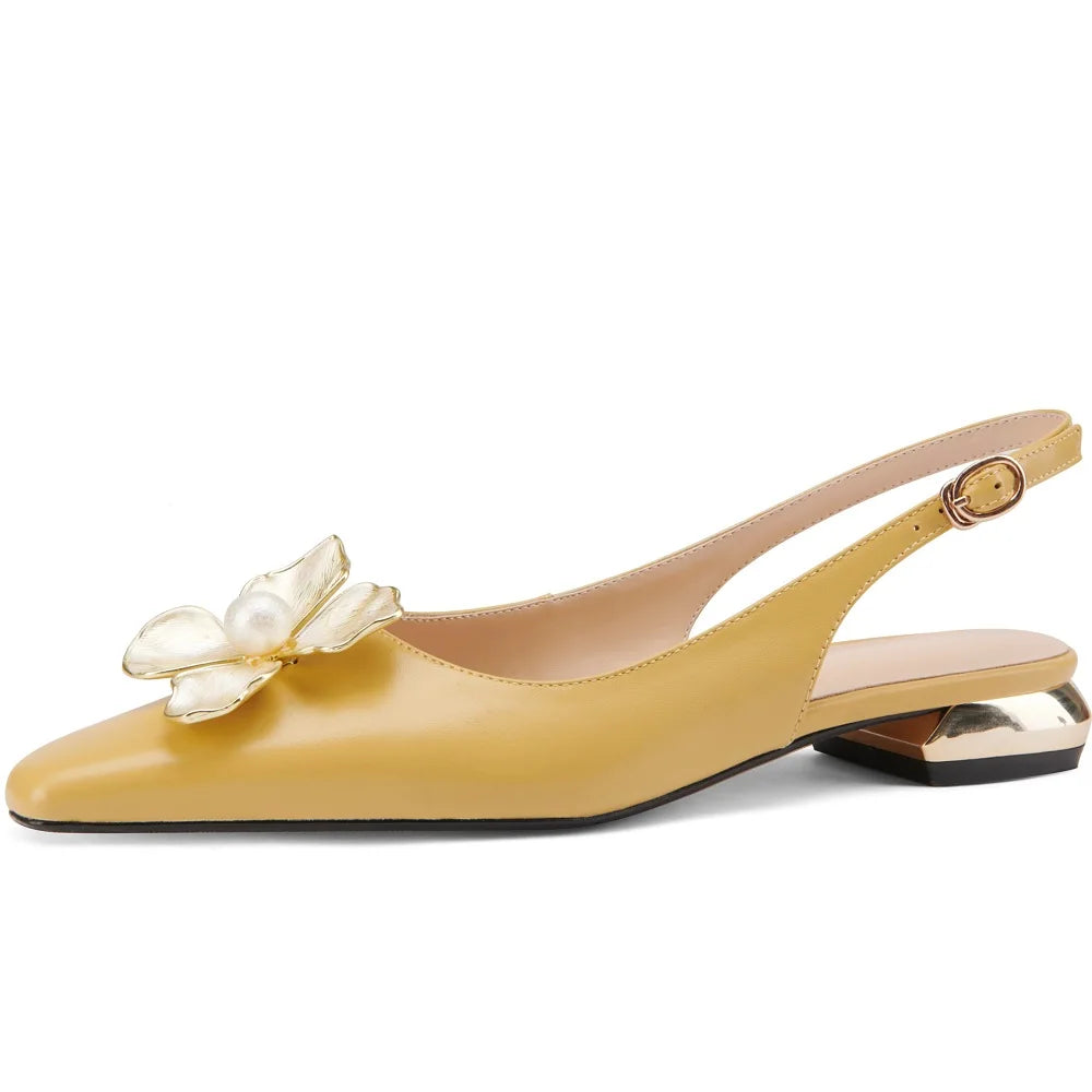 【JOCHEBED HU】Female Flats Shoes Genuine Leather Spring Autumn Women Shoes Metal Flower Pointed Toe Flat Heels Big Size 34-43