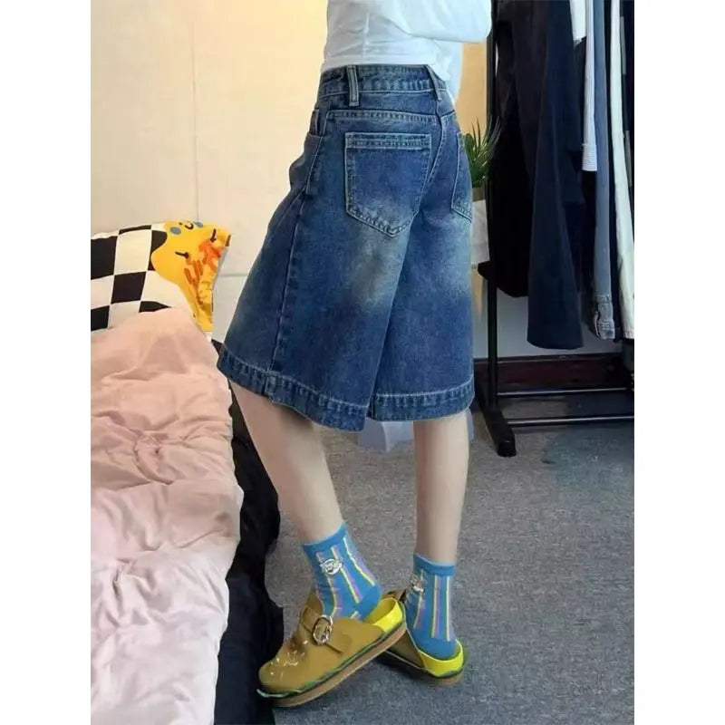 Blue Loose Wide Leg Denim Shorts Women's Summer New Design High Waist