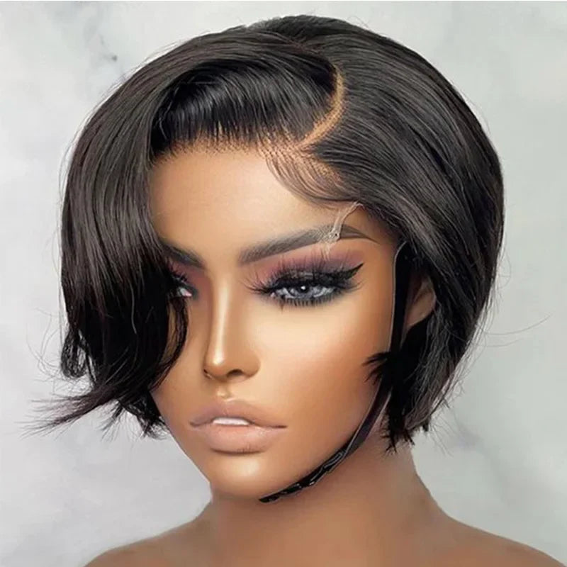 Pelucas Cortas de Cabello Humano, Corte Pixie, Lacio, Remy Brasileño Transparente, Pelucas Lacias de Cabello Humano Bob para Mujeres Negras