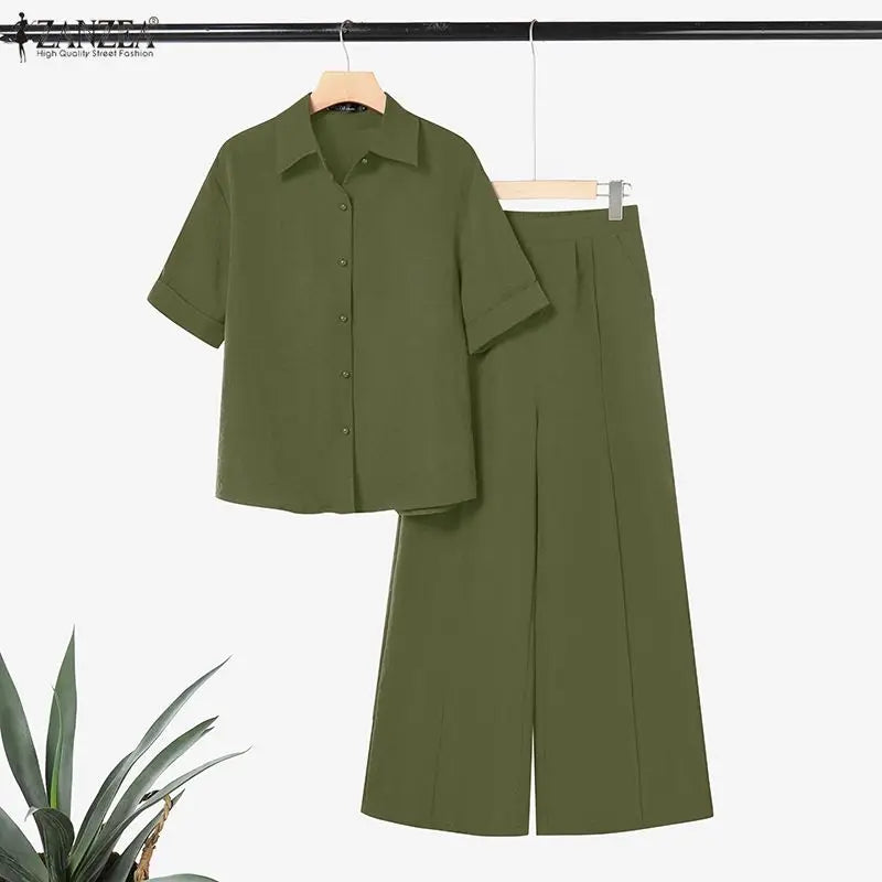 Summer Women's Casual Pant Suits Wide Leg Pant & Half Sleeve Shirt 2 Piece Sets ZANZEA Solid Color Commuting Day Wear Pant Sets