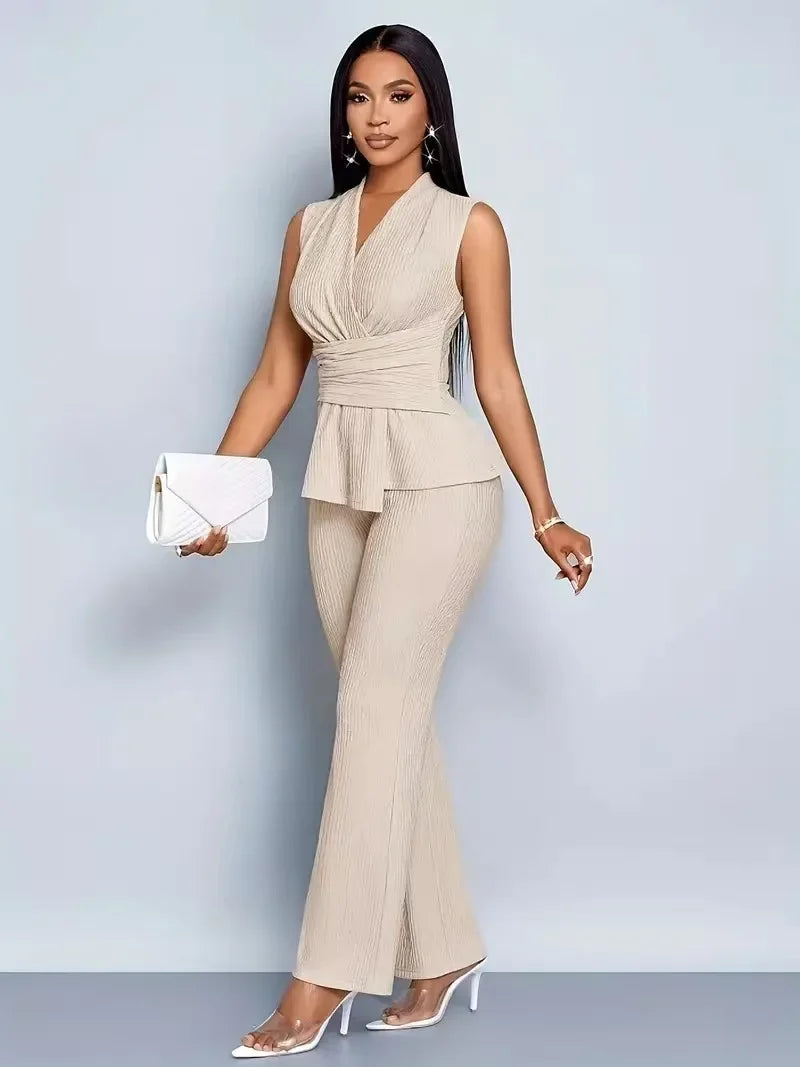 Women's Elegant 2 Piece Outfits Sleeveless V Neck Pleated Peplum Top And Straight Leg Pants Set Casual Office Workwear Matching