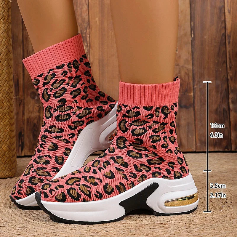 Fashion Leopard Print Platform Ankle Boots Women Comfy Slip On Breathable Knitted Boots Woman Plus Size 35-43 Wedges Short Boots