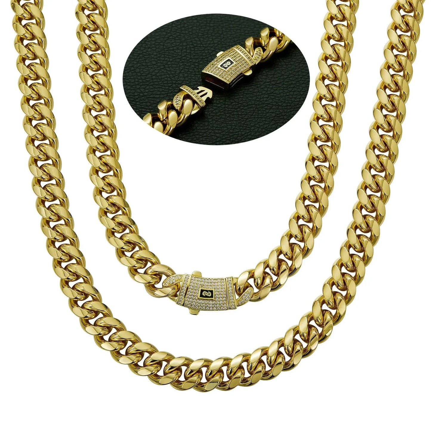 6-14mm Bling Gold Color Stainless Steel Cuban Miami Chains Necklaces