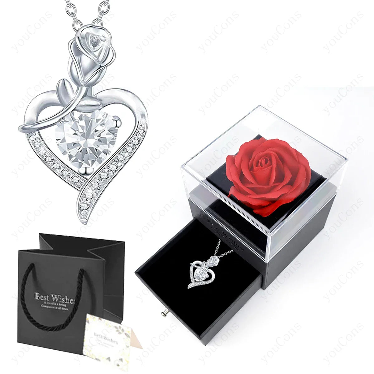 Luxury Red Zircon Heart Necklace With Rose Flower Gift Box For Girlfriend Birthday Valentine Gift  Romantic Accessories
