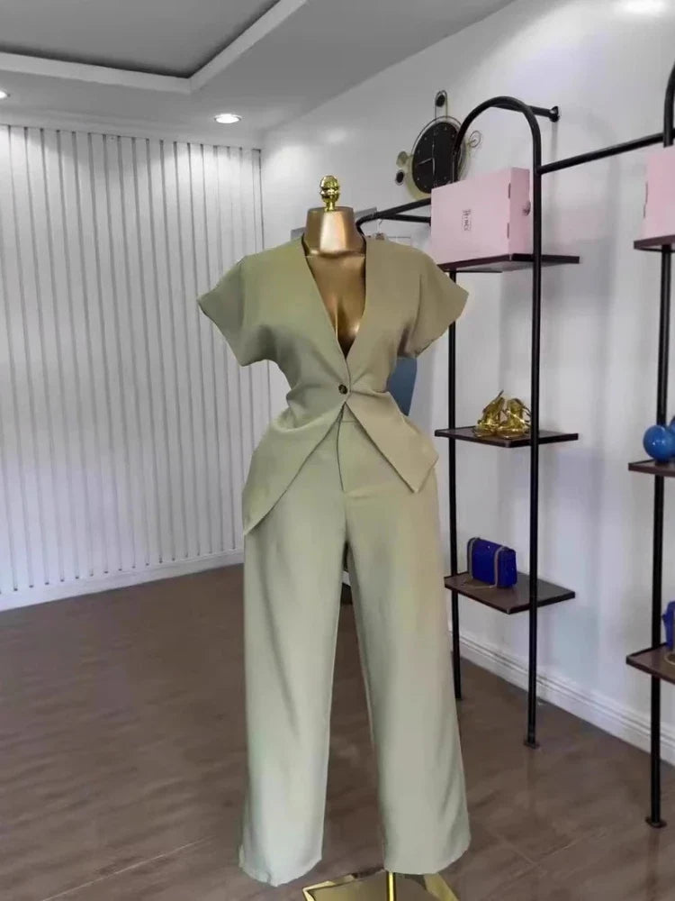 Women Pant Set Two Piece Sets V Neck Short Sleeve Tops Wide Leg Long Pants High Waist Y2k Streetwear Elegant Summer 2026