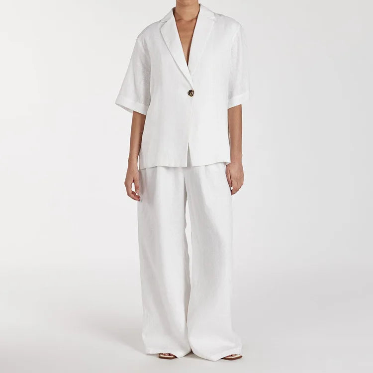 2026 New Cotton Turn-Down Collar Half-Sleeve Top Wide-Leg Pants Two-Piece Set Women, Simple And Fashionable Commuting Outfit For