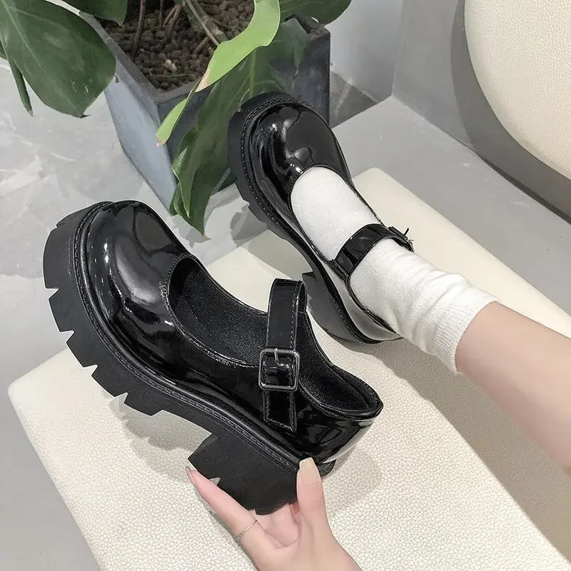 Zapatos de tacón alto Mary Jane de charol para mujer, estilo japonés, con plataforma al tobillo, hebilla, uniforme JK, zapatos Lolita
