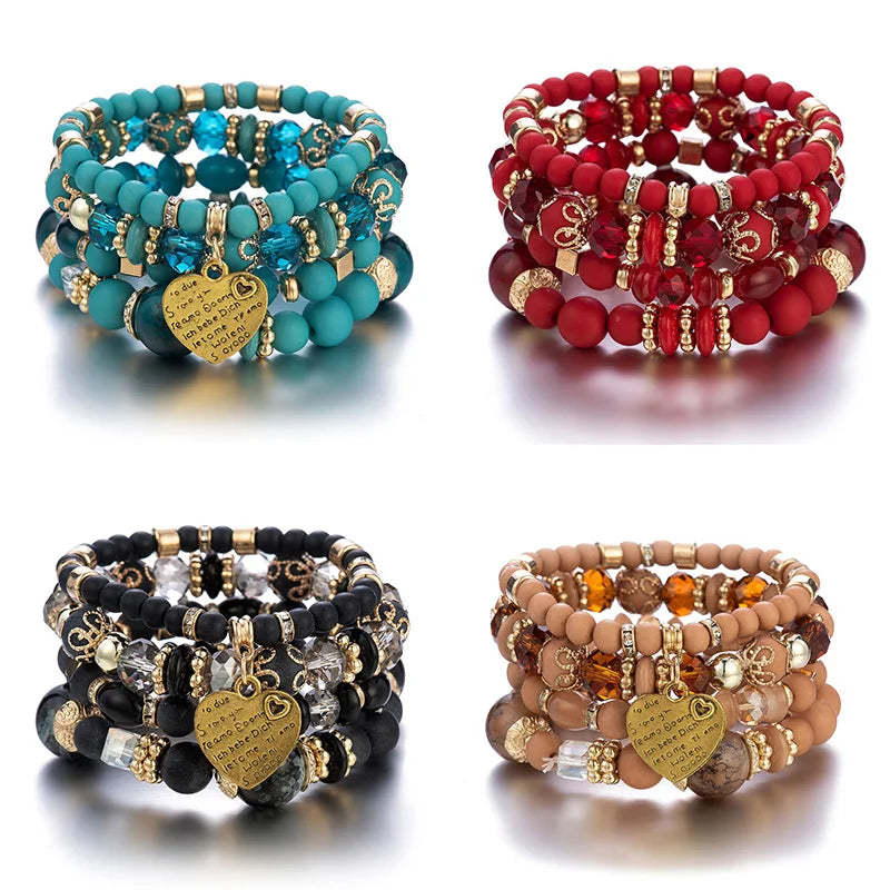 4pcs Boho Crystal Beads Chain Bracelet Set for Women Vintage Heart