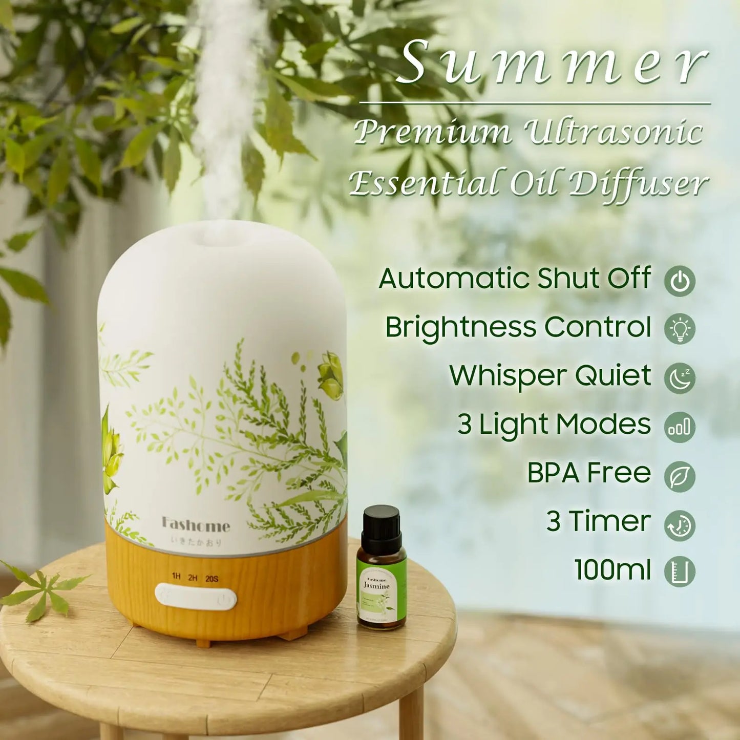 Essential Oil Diffuser Ultrasonic Aromatherapy Humidifier Auto Shut Off Jasmine