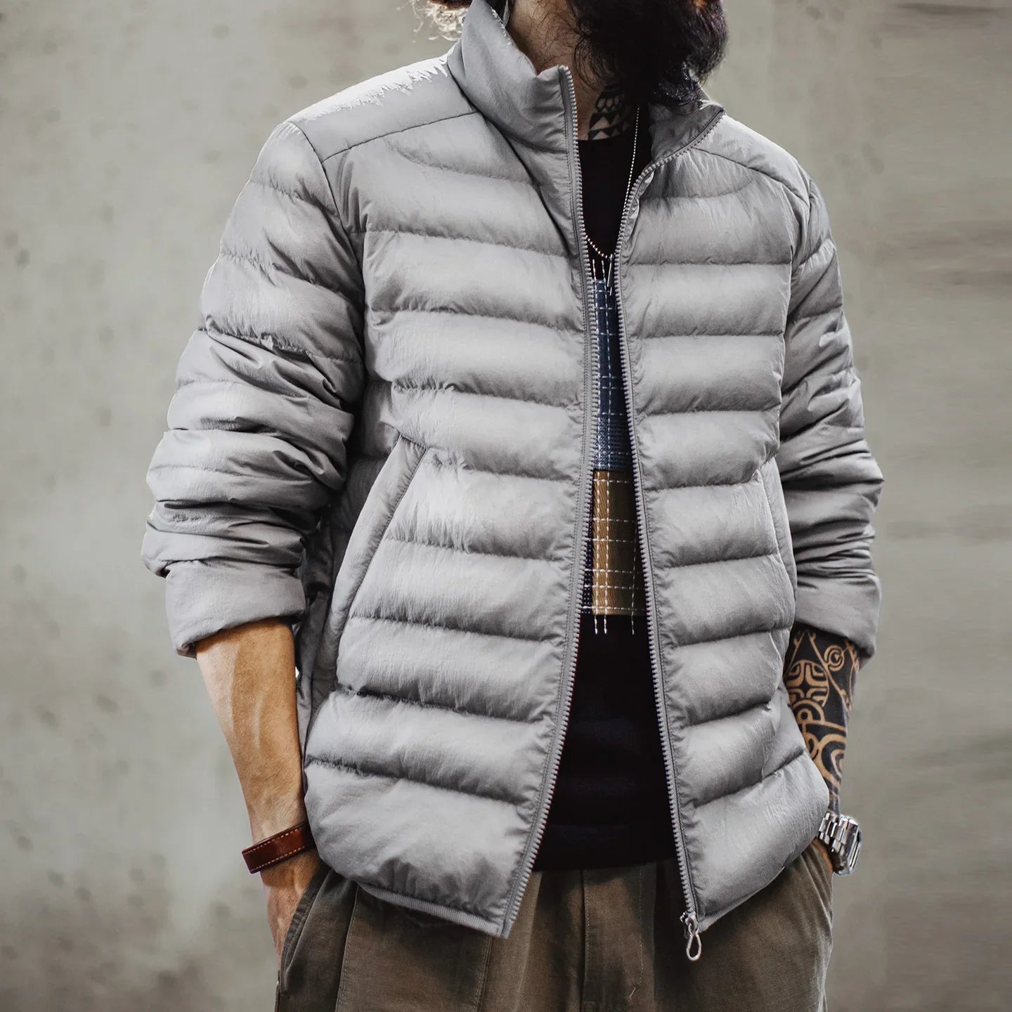 Maden Winter Men's Stand-up Collar Down Jacket Lightweight Hydrophobic White Duck Down Filling Coat Warm Inner Layer for Fall