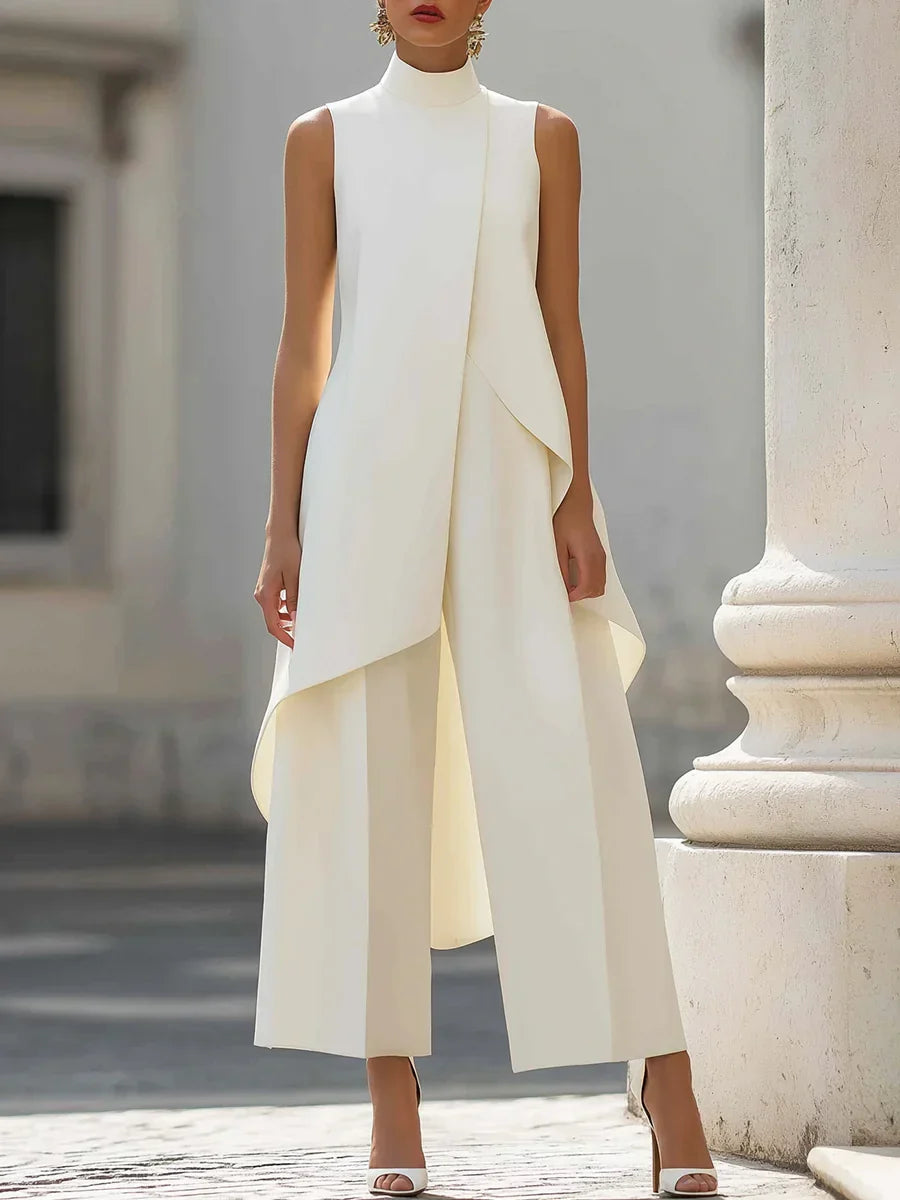 Sleeveless High Neck Jumpsuit With Asymmetric Draped Overlay Wide Leg Culottes Elegant Formal Evening Wear For Women