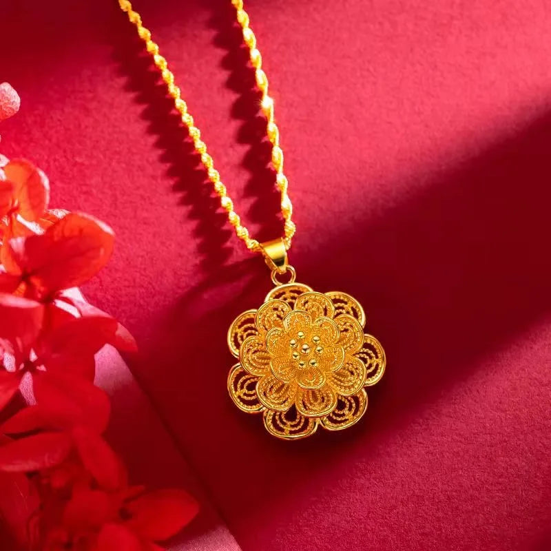 24K Gold Color Flower Pendant Necklaces for Women 18 Inch Water Wave