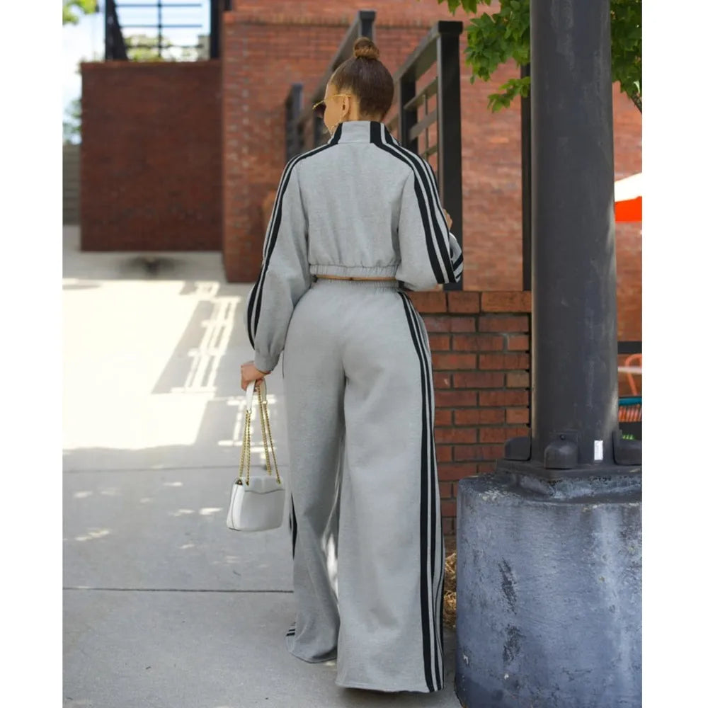 Fashion Splicing Striped Zipper Sports Suit Women'S Spring Autumn Thick Hoodie Casual Loose Wide Leg Trousers 2 Piece Set Female