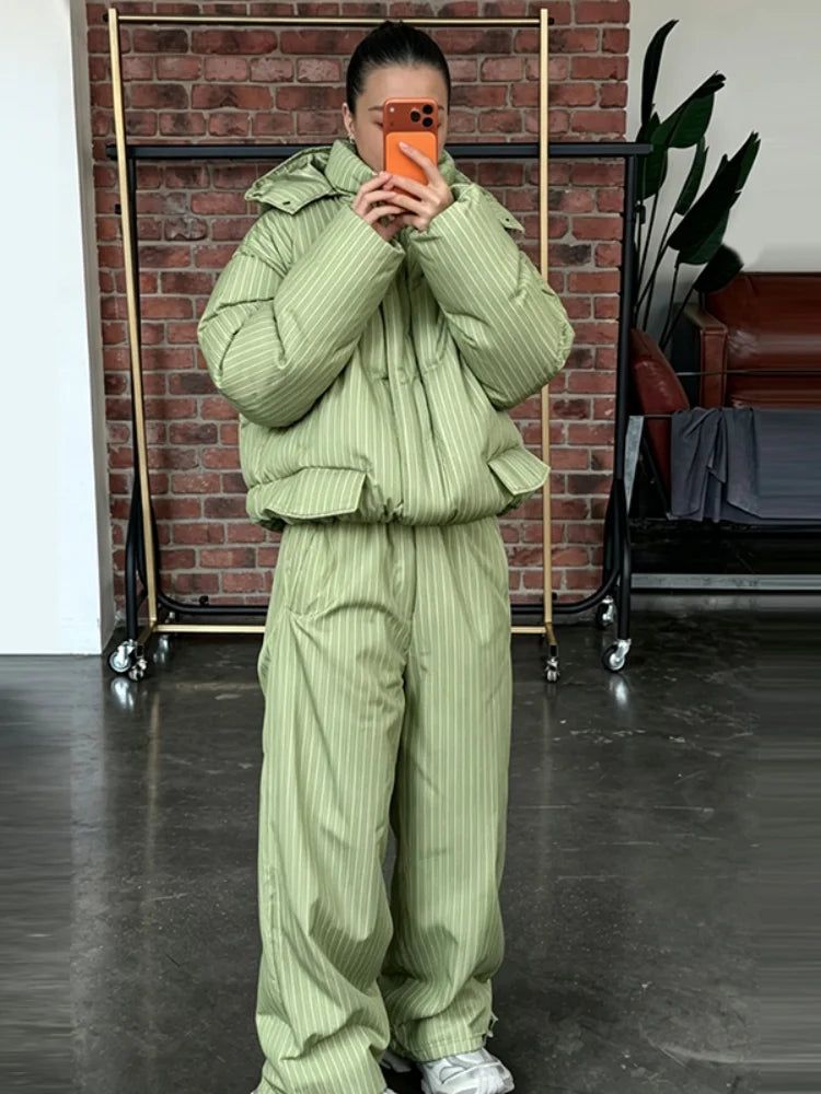 Women Striped Hooded Puffer Two Piece Outfit Oversized Cropped Jacket Baggy Pants Set Daily Outdoor Fashion Matching Outfit